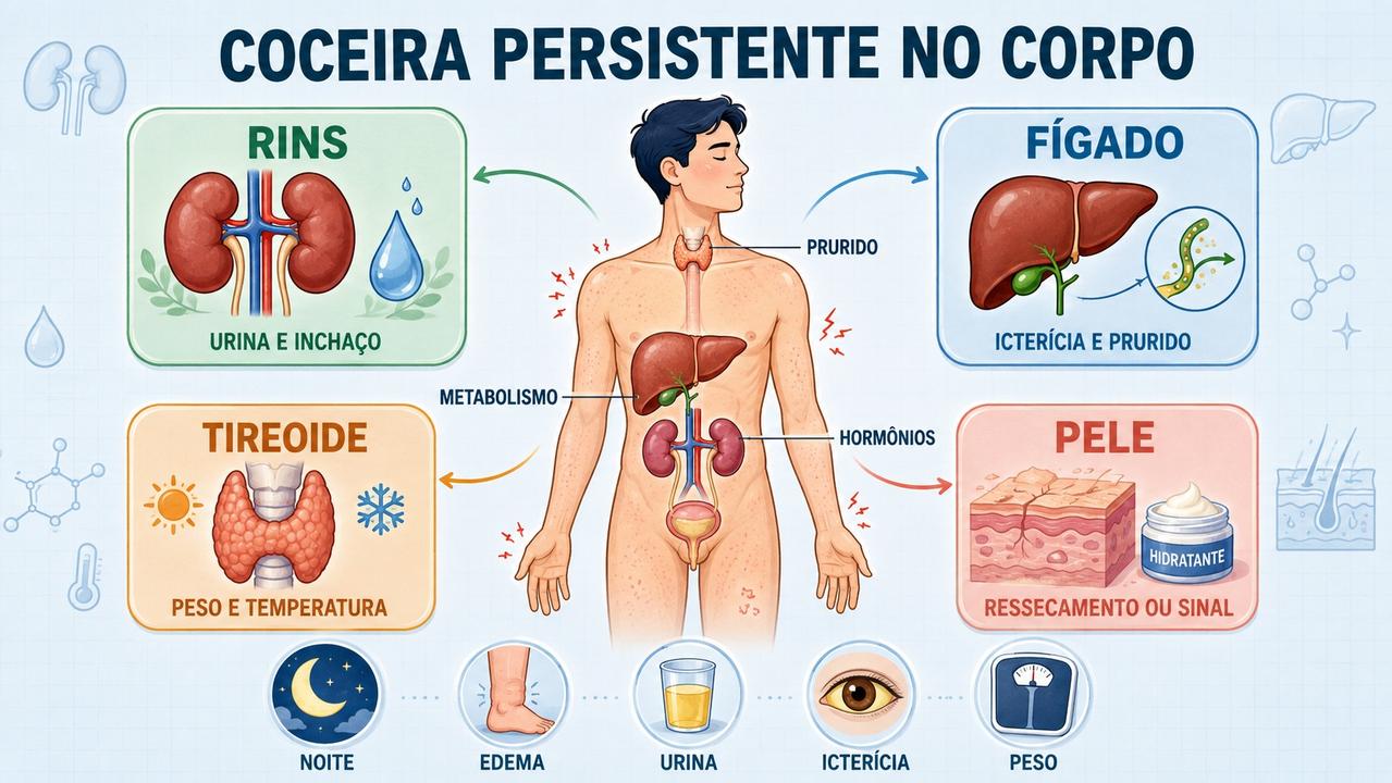 Rins, fígado, tireoide e pele orientam a investigação da coceira persistente.