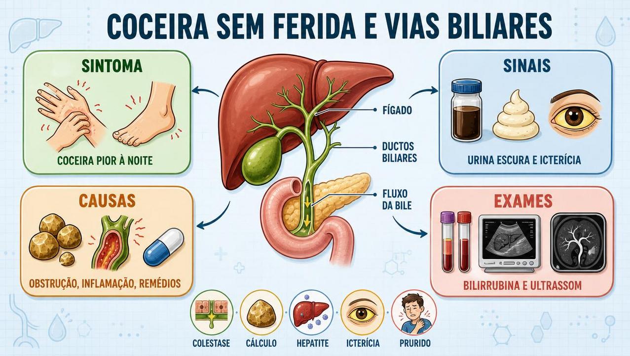 Infográfico resume sintomas, causas, exames e sinais ligados aos ductos biliares.