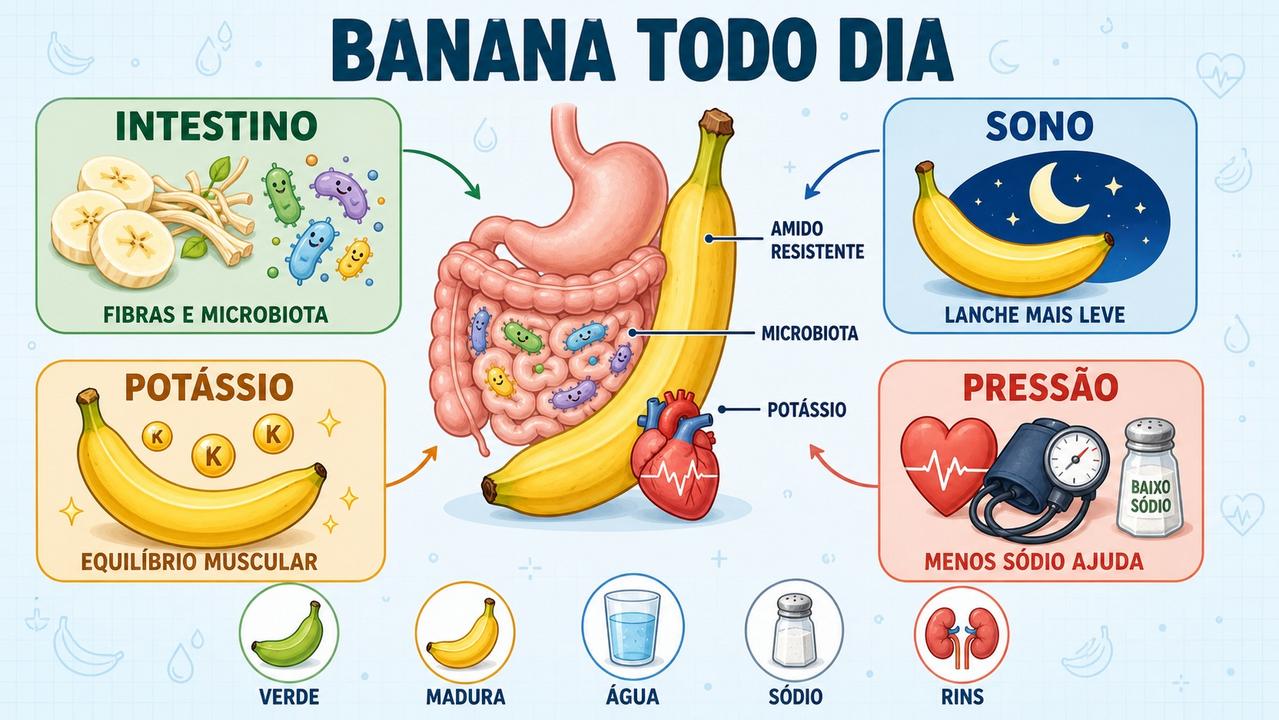 Infográfico mostra intestino, sono, potássio e pressão ligados ao consumo diário de banana.