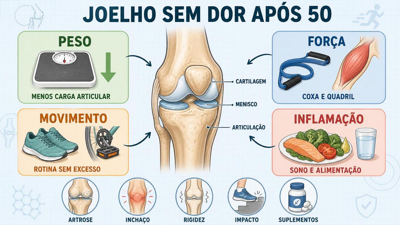 Controle do peso, força, movimento e inflamação sustentam a saúde do joelho.