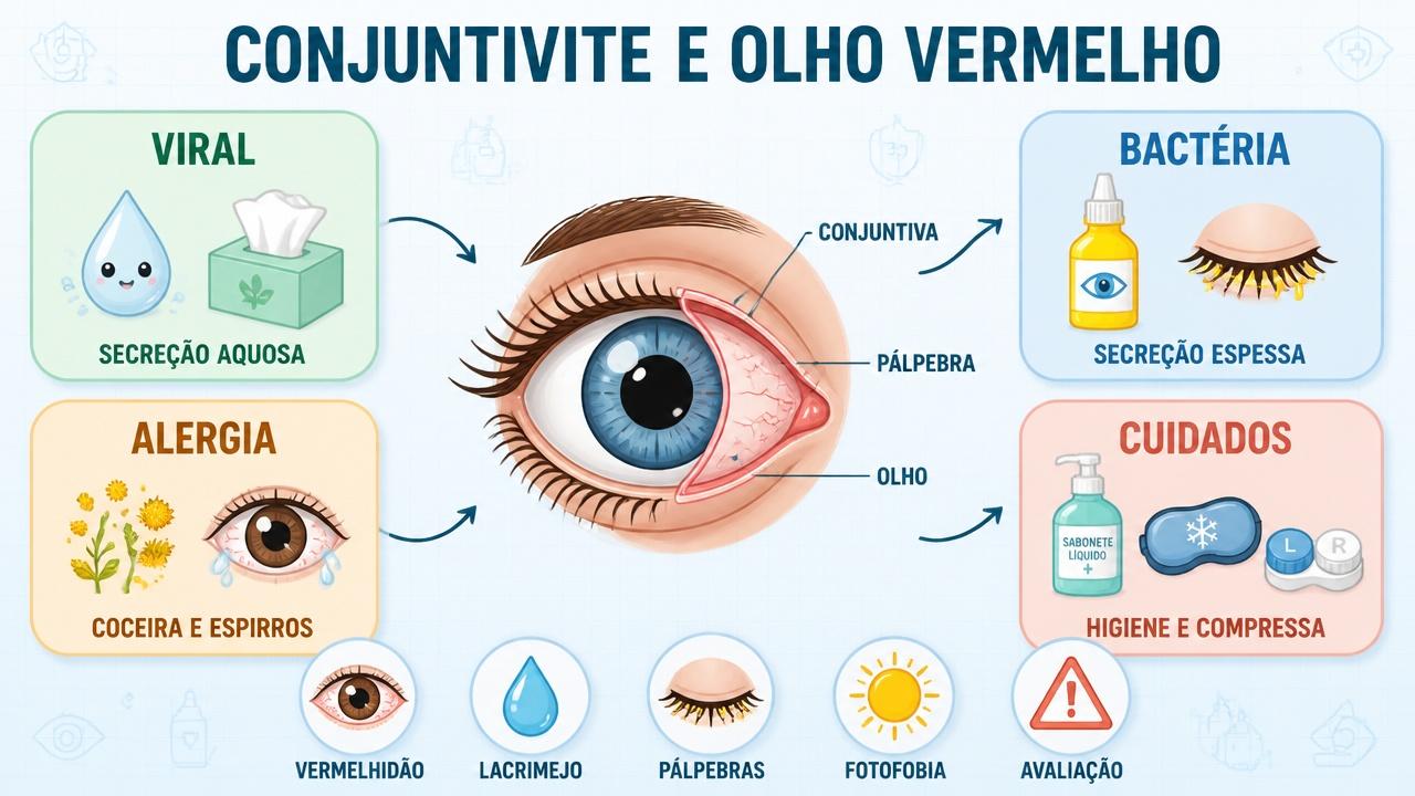 Infográfico resume causas, sinais e cuidados principais na conjuntivite e olho vermelho.