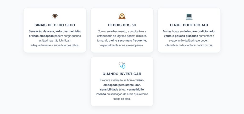 Olho Seco Depois dos 50: Sensação de Areia, Ardor e Visão Embaçada