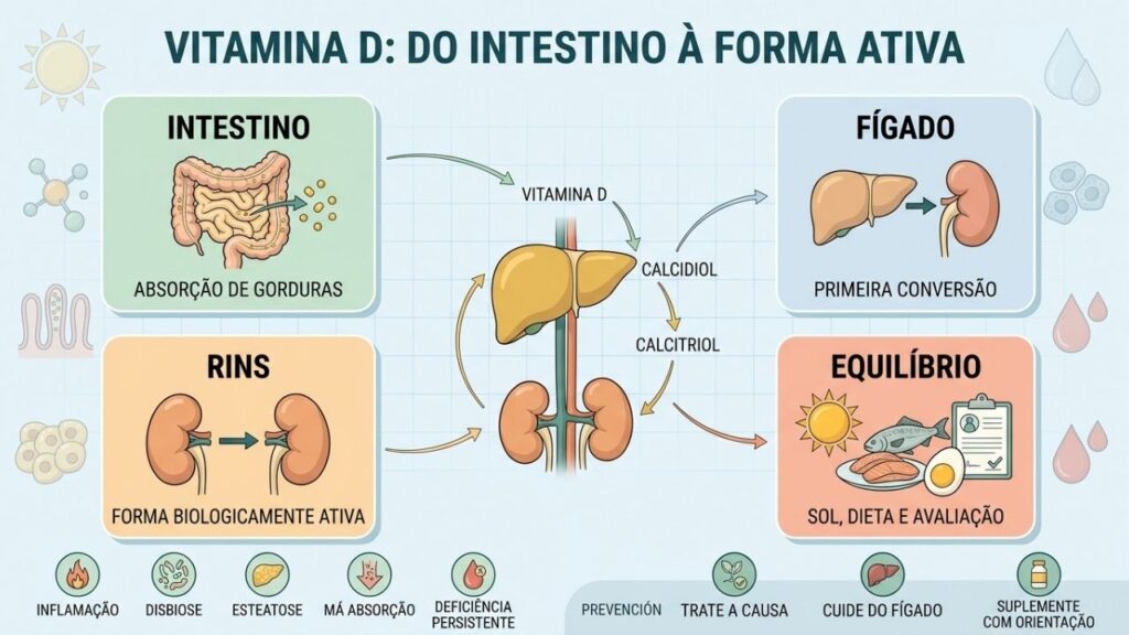 Absorção intestinal, fígado e rins participam da ativação da vitamina D.