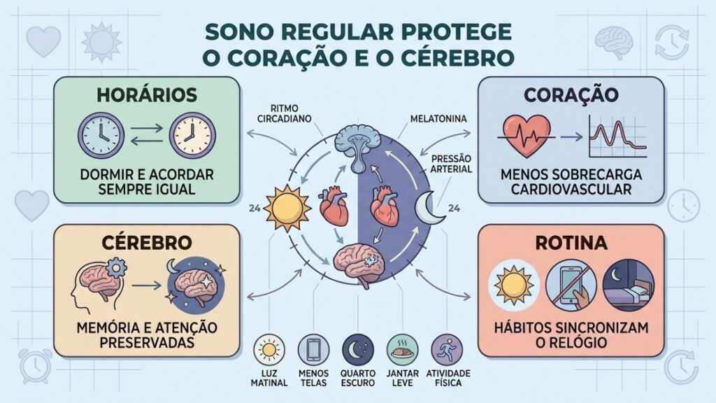 Horários, coração, cérebro e rotina formam os pilares do sono regular.