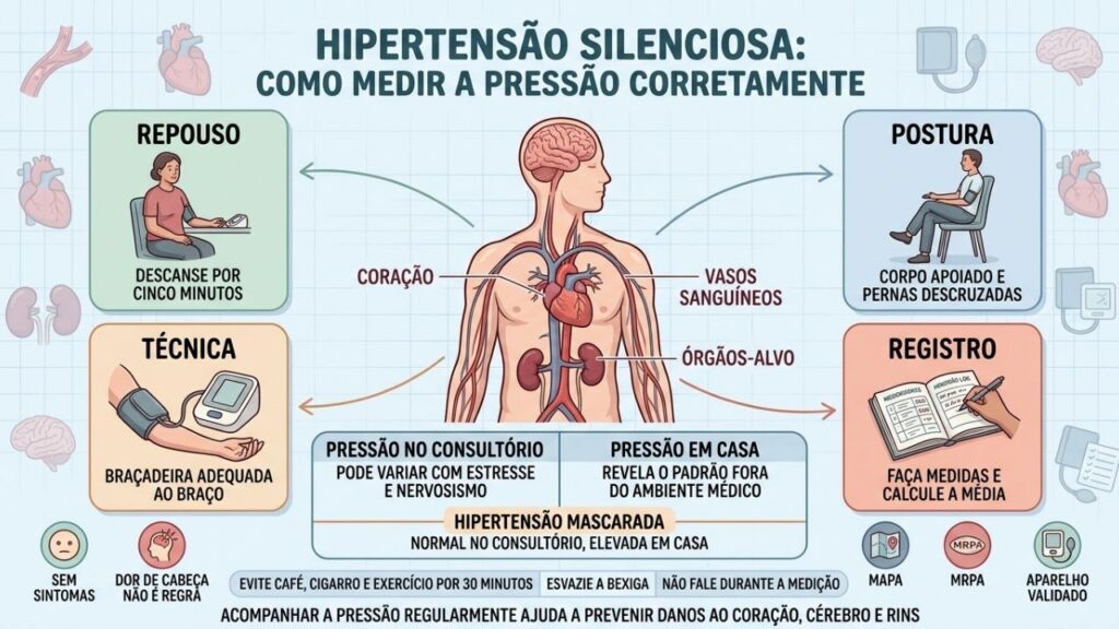 Repouso, postura, técnica e registro tornam a medição domiciliar mais confiável.