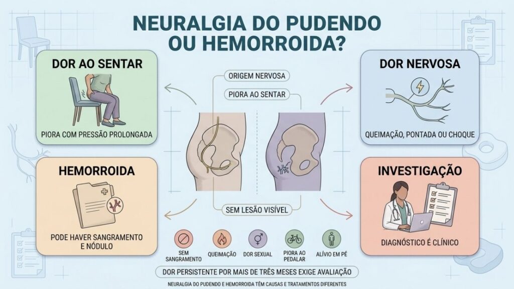 Dor ao sentar, queimação e ausência de sangramento orientam a diferenciação clínica.