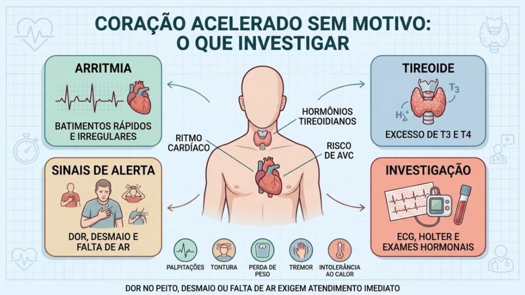 Arritmia, tireoide, sinais de alerta e exames orientam a investigação.