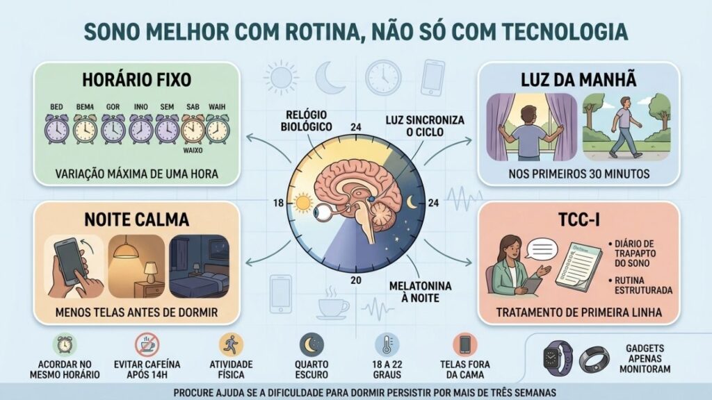 Horário regular, luz matinal, menos telas e TCC-I fortalecem o ciclo circadiano.