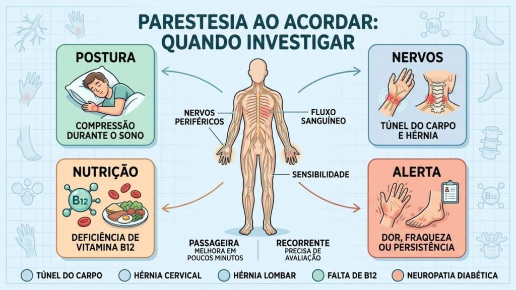 Postura, compressão nervosa, deficiência de B12 e sinais de alerta orientam a investigação.