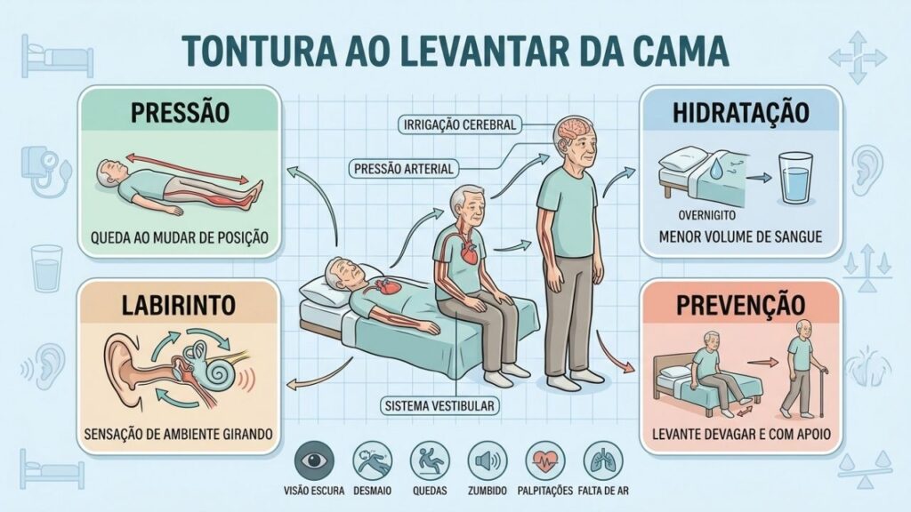 Pressão, hidratação, labirinto e prevenção explicam a tontura ao levantar.