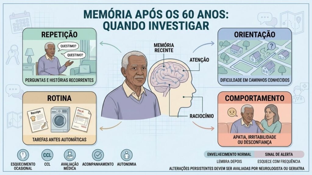 Repetição, desorientação, mudanças na rotina e comportamento merecem avaliação médica.