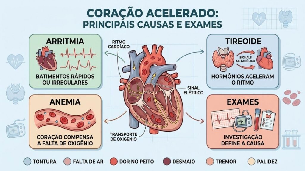 Arritmia, tireoide, anemia e exames explicam possíveis causas das palpitações.