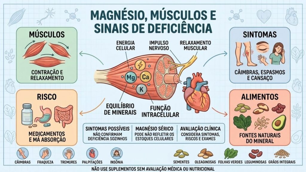 Função muscular, sintomas, fatores de risco e alimentação orientam a investigação do magnésio.