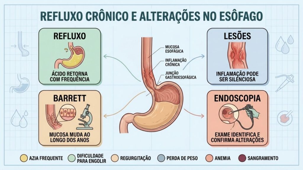 Refluxo, lesões, Barrett e endoscopia resumem a investigação do esôfago.