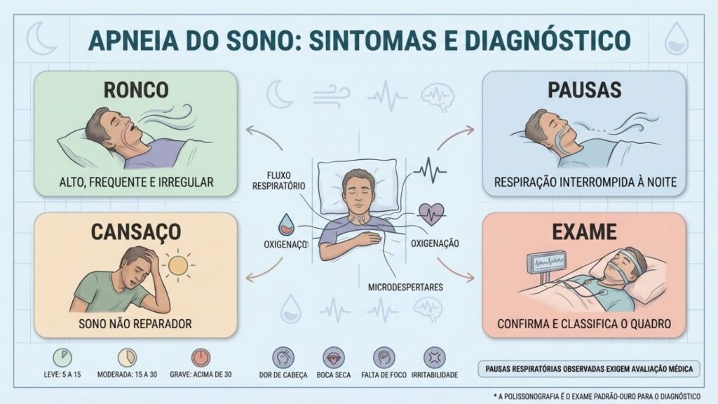 Ronco, pausas respiratórias, cansaço e polissonografia orientam o diagnóstico da apneia.