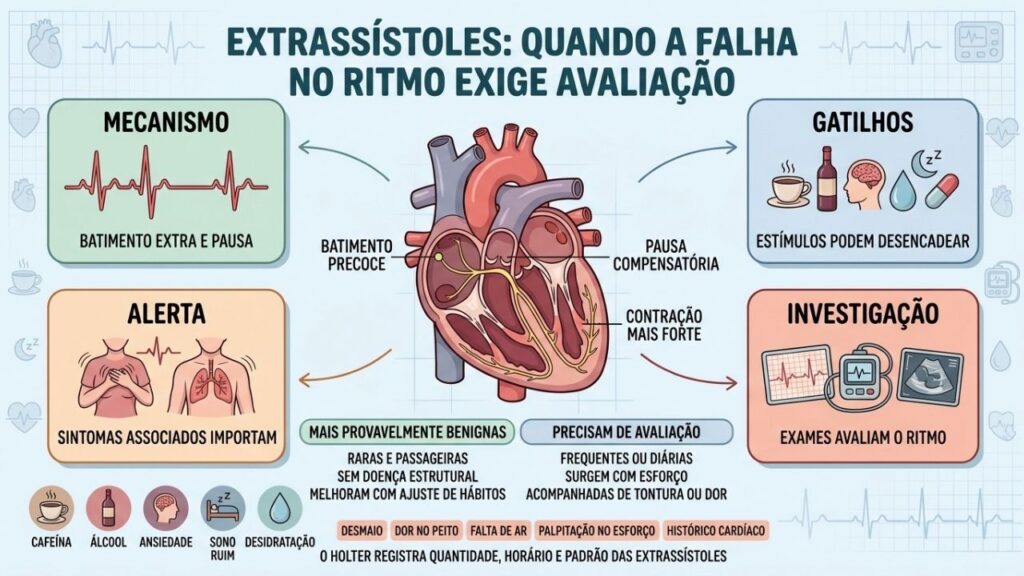 Mecanismo, gatilhos, sinais de alerta e exames orientam a avaliação das extrassístoles.
