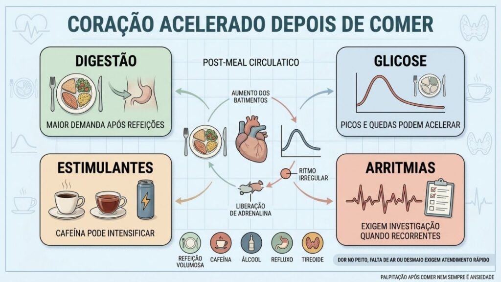 Digestão, glicose, estimulantes e arritmias explicam diferentes causas de palpitação pós-refeição.
