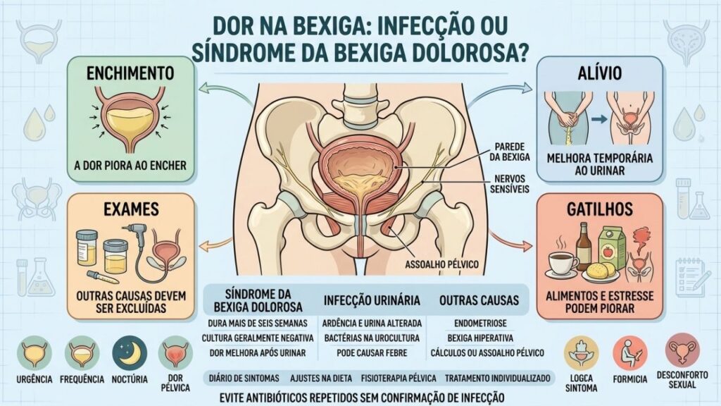 Enchimento, alívio, exames e gatilhos ajudam a diferenciar dor vesical de infecção.