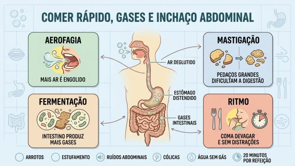 Aerofagia, mastigação, fermentação e ritmo explicam o inchaço após as refeições.
