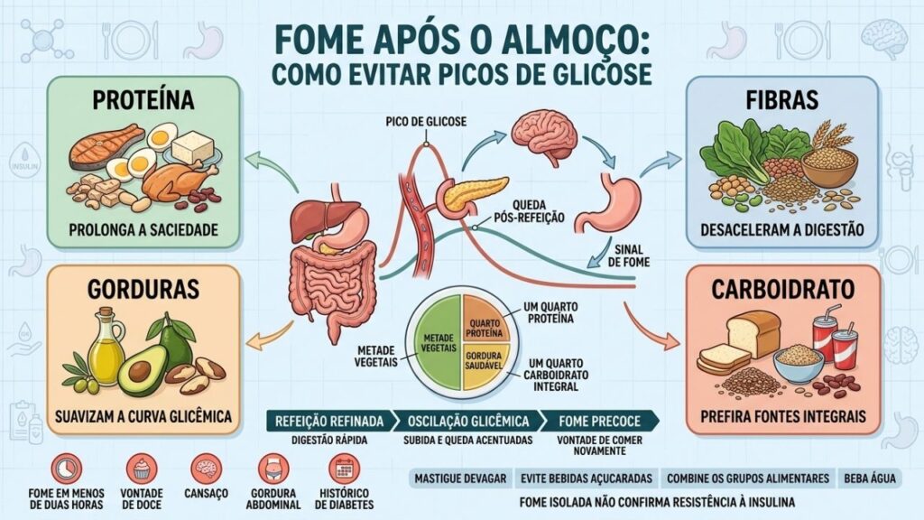 Proteína, fibras, gorduras boas e integrais ajudam a estabilizar glicose e fome.