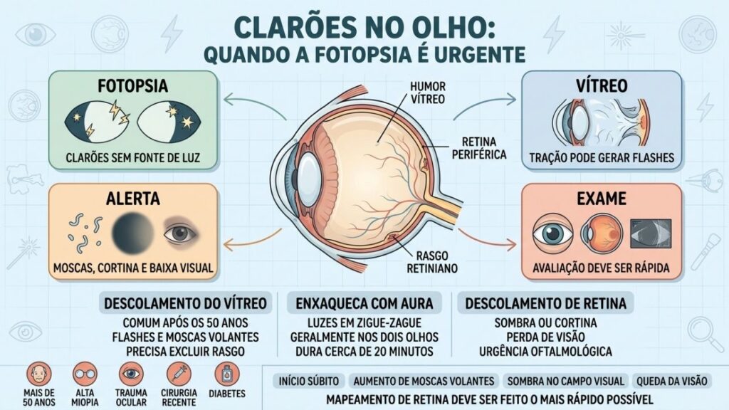 Fotopsia, tração vítrea, sinais de alerta e exames orientam a urgência ocular.