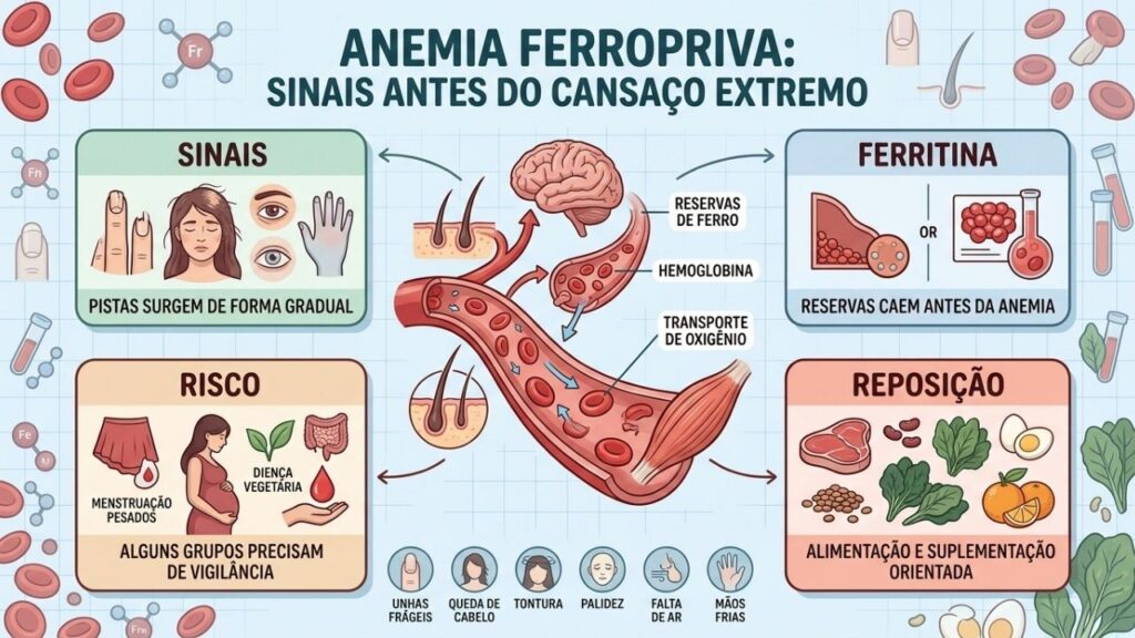 Sinais, ferritina, grupos de risco e reposição orientam o diagnóstico precoce.