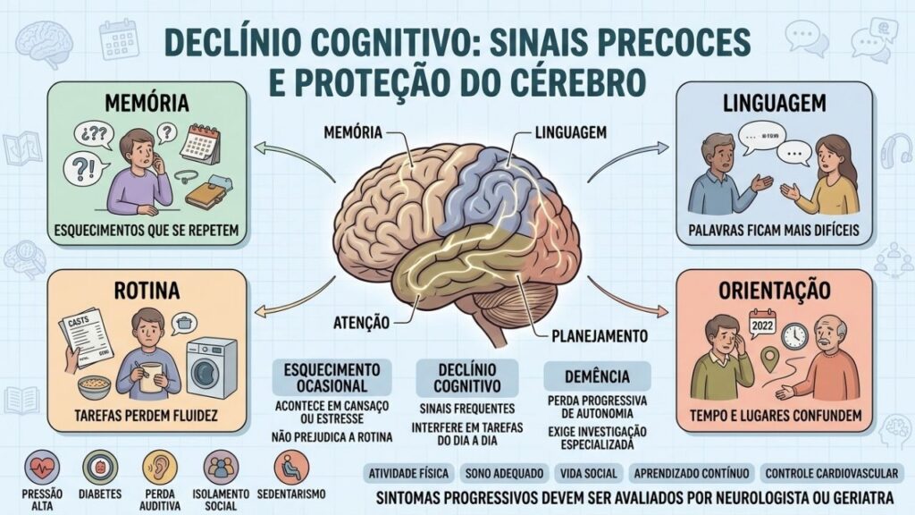Memória, linguagem, rotina e orientação ajudam a reconhecer mudanças cognitivas precoces.