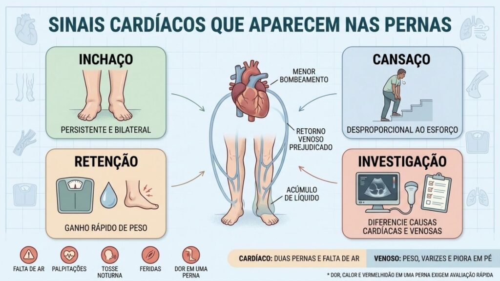 Inchaço, cansaço, retenção e exames ajudam a diferenciar causas cardíacas e venosas.