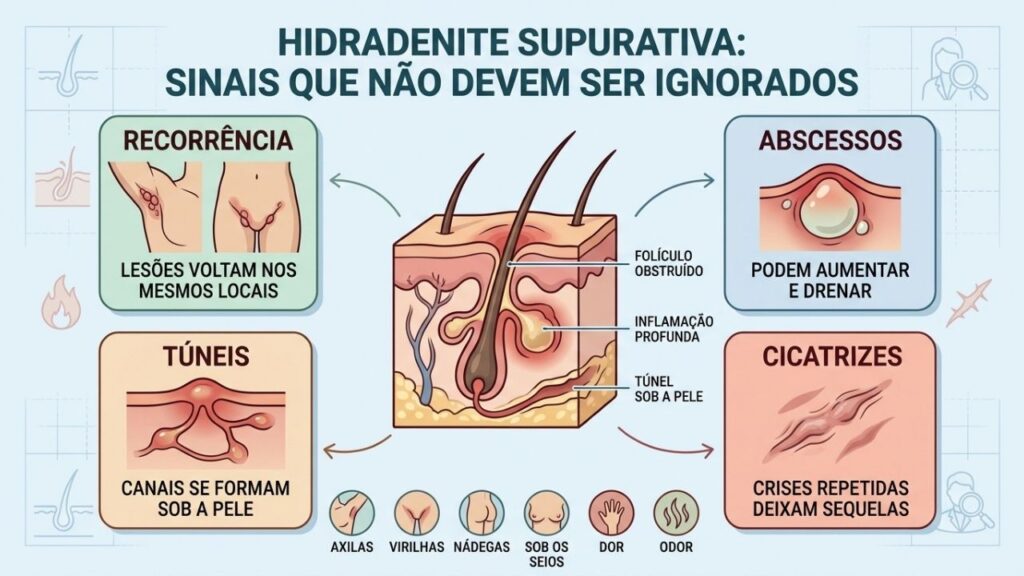 Recorrência, abscessos, túneis e cicatrizes caracterizam a hidradenite supurativa.