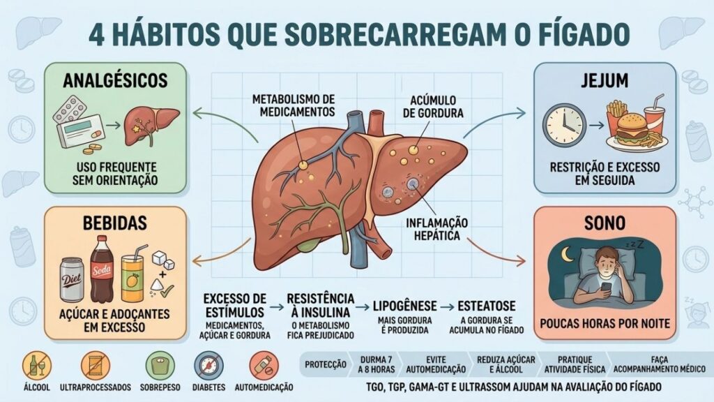 Analgésicos, jejum, bebidas industrializadas e pouco sono favorecem sobrecarga hepática.