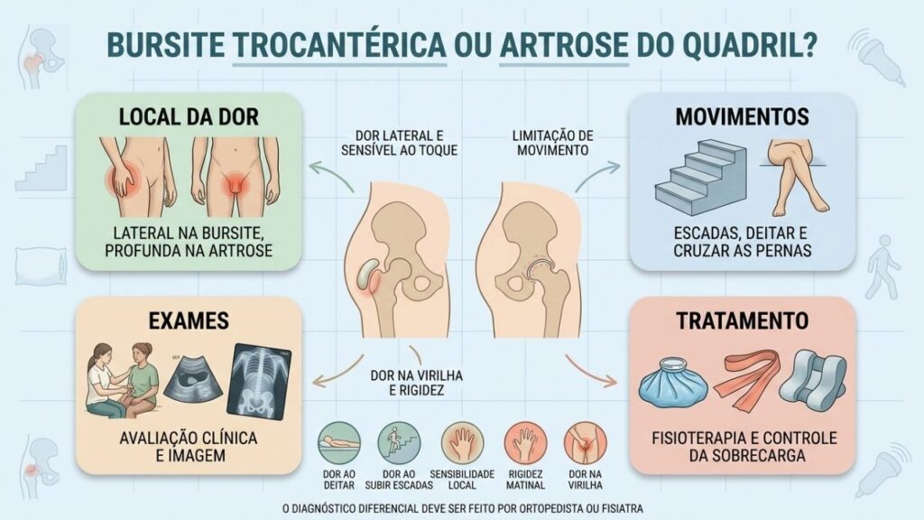 Local da dor, movimentos, exames e tratamento diferenciam bursite de artrose.