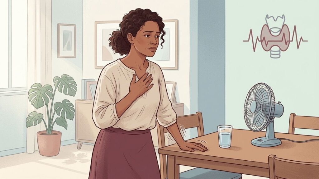Palpitações com tremor e calor excessivo podem sugerir hipertireoidismo.