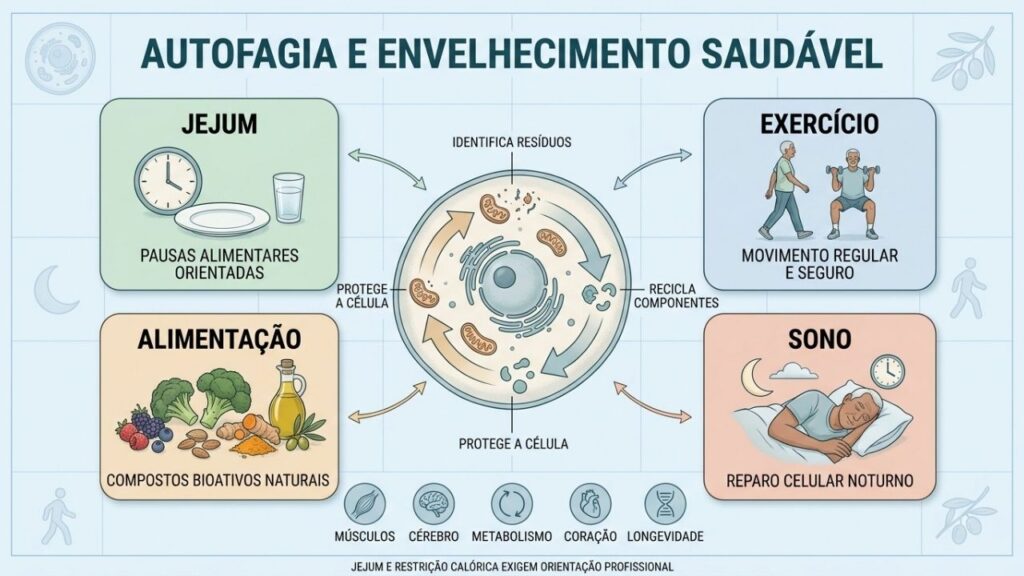 Jejum, exercício, alimentação e sono sustentam os mecanismos naturais de autofagia.