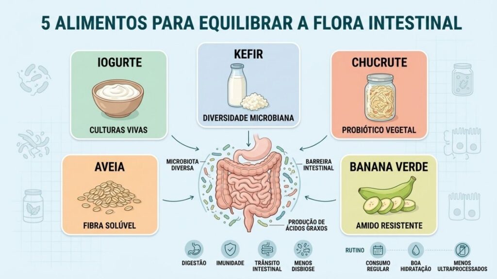 Probióticos e fibras alimentam bactérias benéficas e fortalecem a barreira intestinal.