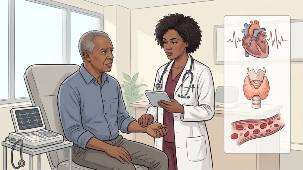 Arritmia, tireoide e anemia devem ser investigadas diante de coração acelerado.