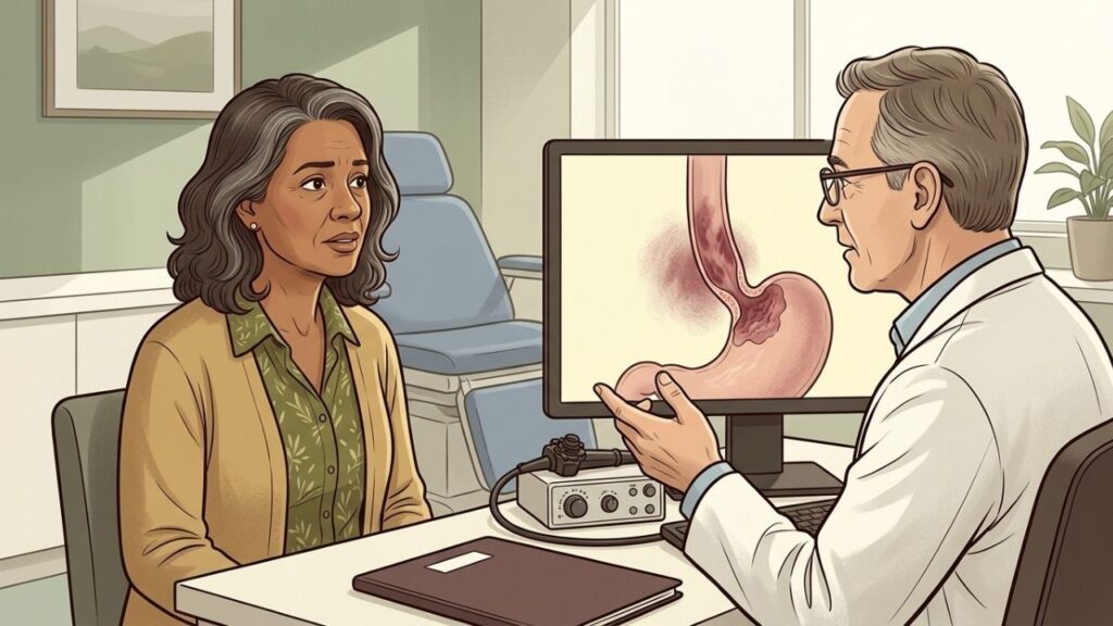 Endoscopia pode revelar lesões esofágicas mesmo quando o refluxo parece controlado.