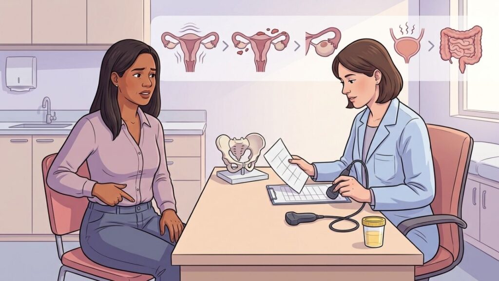 O padrão da dor ajuda a diferenciar causas ginecológicas, urinárias e intestinais.