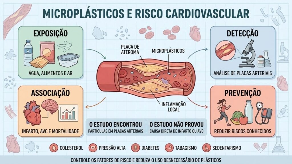 Exposição, detecção, associação e prevenção resumem as evidências sobre microplásticos arteriais.