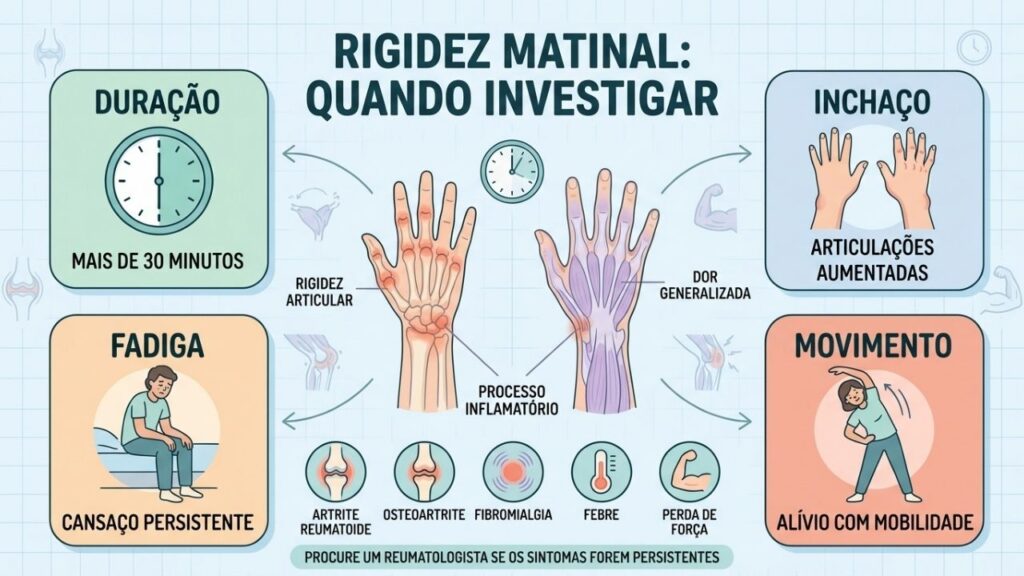 Duração, inchaço, fadiga e mobilidade orientam a investigação da rigidez matinal.