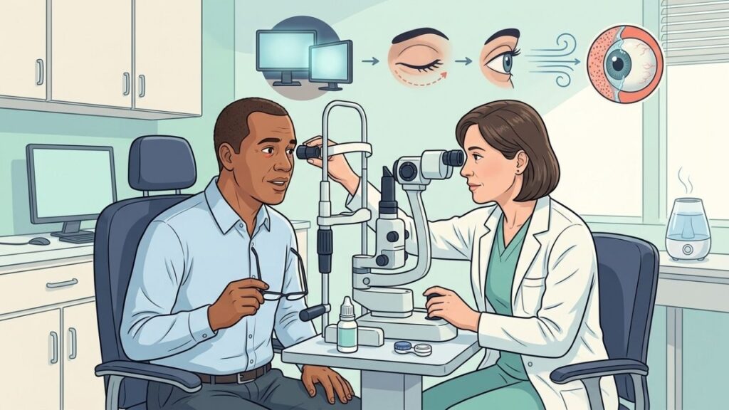Olho seco persistente precisa de avaliação da córnea e do filme lacrimal.