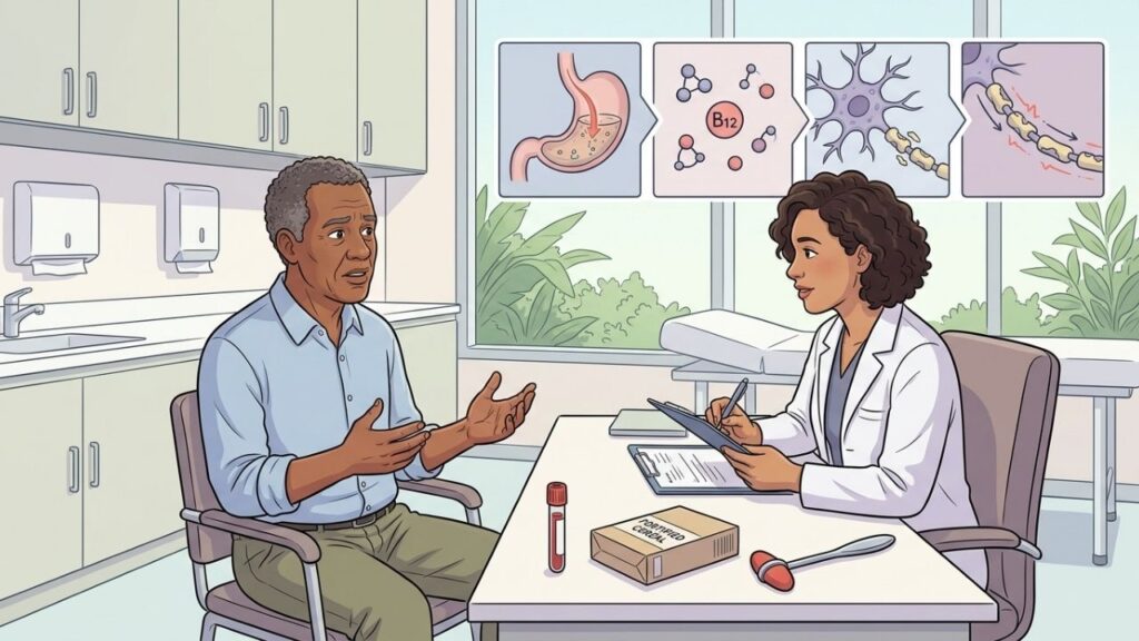 Idade, dieta e alguns medicamentos aumentam o risco de B12 baixa.