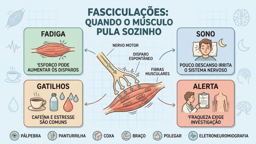 Fadiga, sono, gatilhos e sinais de alerta explicam as fasciculações.