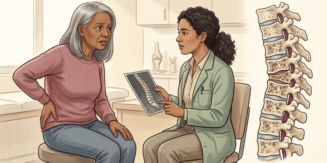 Perder altura e começar a sentir dor persistente nas costas depois da menopausa pode ser uma pista de fratura vertebral por osteoporose