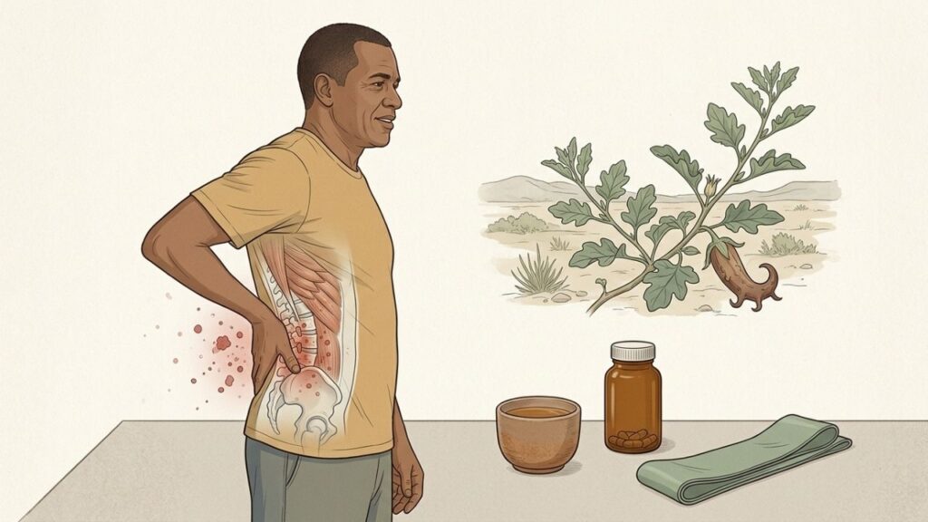 A raiz africana é estudada como apoio para lombalgia e osteoartrite.