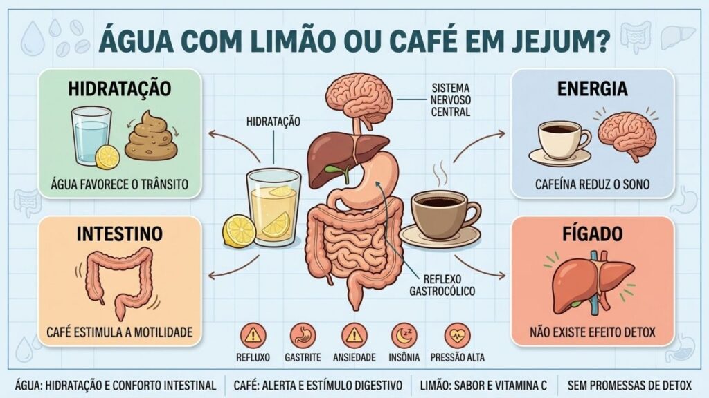 Hidratação, motilidade, energia e cuidados diferenciam água com limão e café.