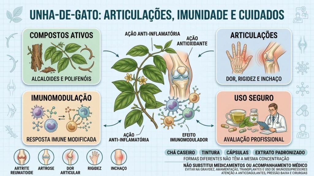 Compostos ativos, articulações, imunomodulação e segurança orientam o uso da unha-de-gato.