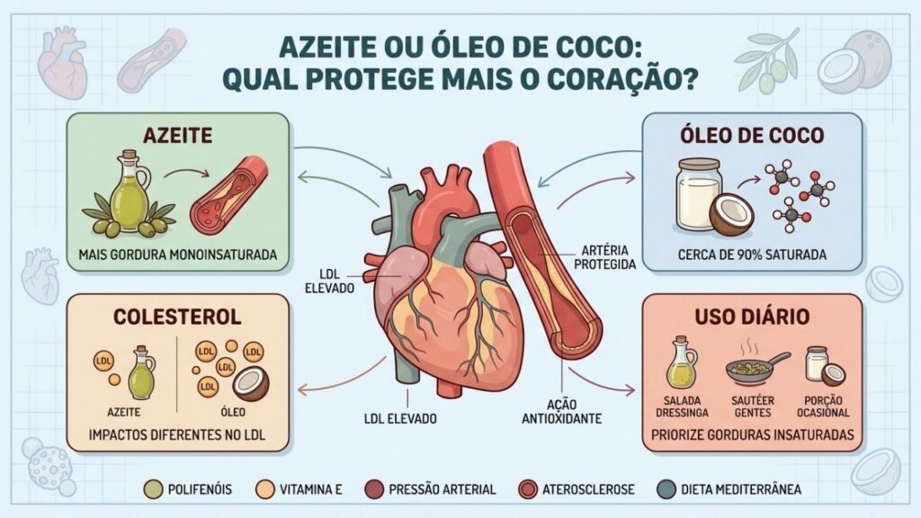 Azeite, gorduras insaturadas, colesterol e uso moderado orientam escolhas cardiovasculares.