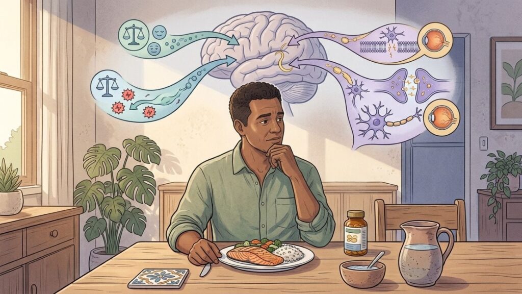 EPA se destaca na ansiedade, enquanto DHA sustenta neurônios e retina.