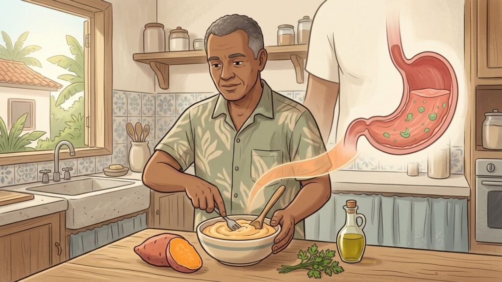Amido, fibras e antioxidantes tornam a batata-doce uma opção suave na gastrite.