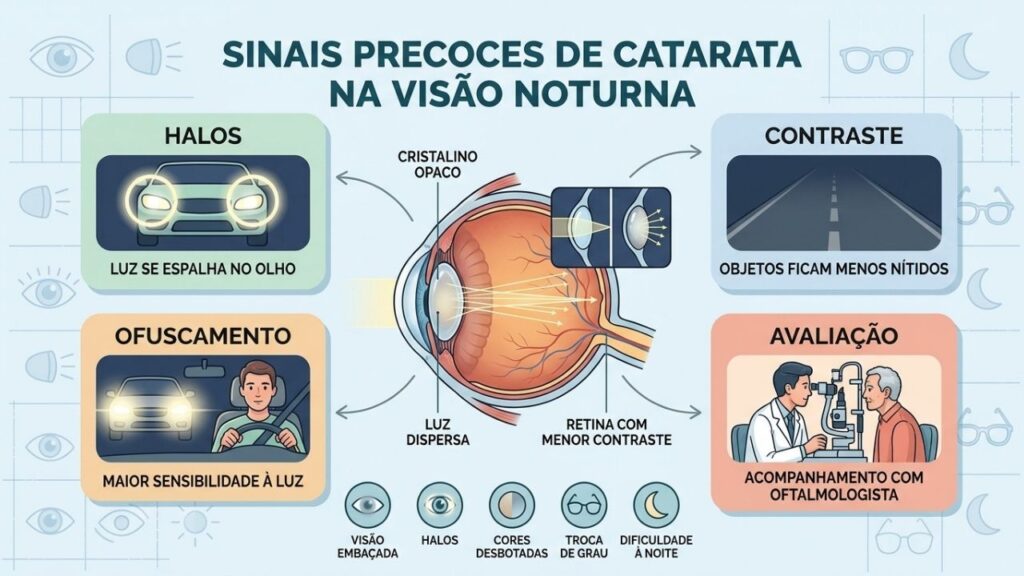 Halos, ofuscamento, baixo contraste e visão embaçada sugerem catarata em evolução.